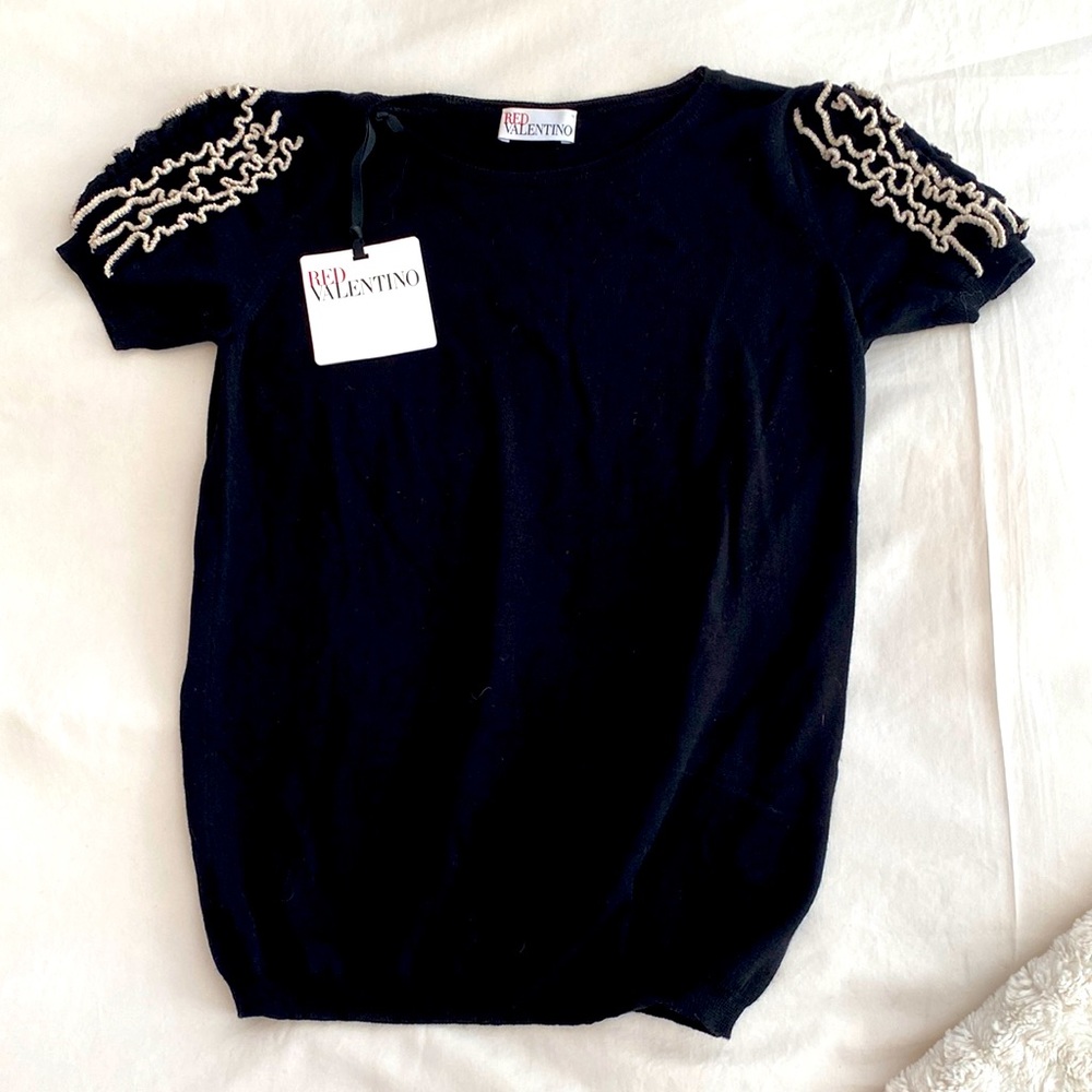 Red Valentino short ruffle sleeve light virgin wool top